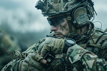 A man clad in camouflage uniform holding a radio communication device in his hand