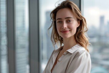 Fototapeta premium Smiling young woman looking out window