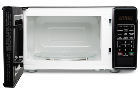 Microwave oven. Black microwave oven for warming food, drink, cooking lunch, defrost meat, cook meal. Electrical kitchen appliances. New equipment for house. Isolated Background