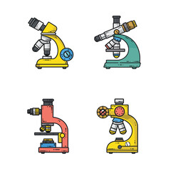 Four colorful microscopes, distinct designs, scientific research tools, cartoon style. Bright color laboratory microscopes, educational science equipment, isolated white background. Various types