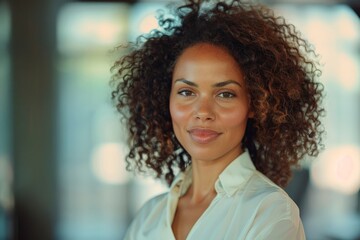 Obraz premium Confident woman with curly hair in white blouse