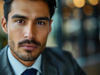 Serious businessman with beard looking at camera
