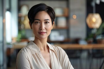 Naklejka premium Confident asian woman in beige blouse