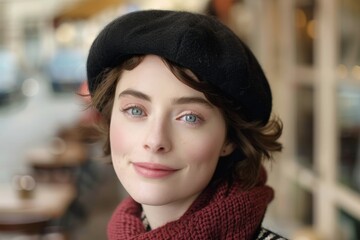 Fototapeta premium woman with curly hair wearing black hat and red scarf