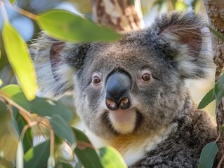 Obraz premium Curious koala peering through leaves
