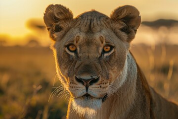 Fototapeta premium close-up portrait of a majestic lion at sunset