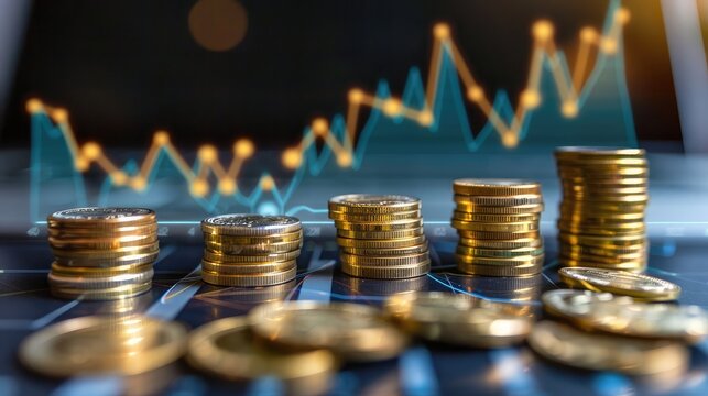 A line graph showing upward trends with gold coins in the foreground, illustrating financial success
