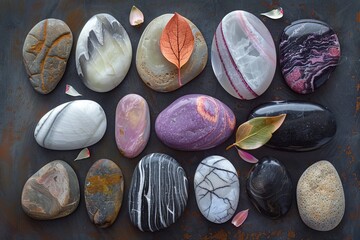 Naklejka premium Assortment of colorful natural stones and leaves