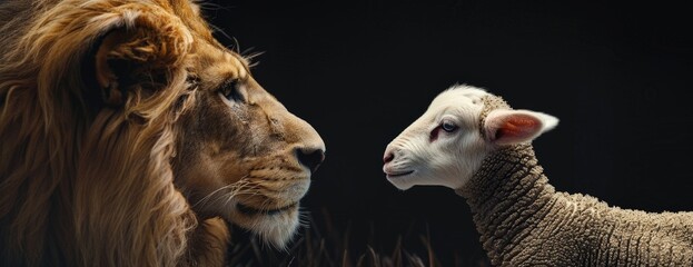 Lion and lamb facing each other