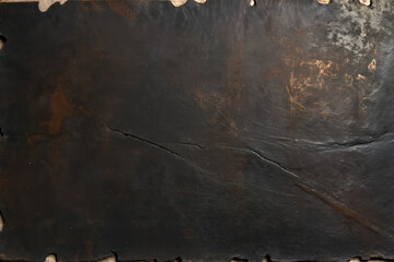Abstract industrial metal texture with scratches, perforation, rust-colored oxidation and a matte finish