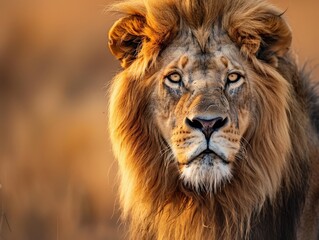 Naklejka premium Majestic lion portrait in natural setting