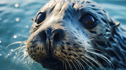 Fototapeta premium Close-up of a curious seal's face emerging from the water, showcasing its whiskers and expressive eyes in a marine setting.