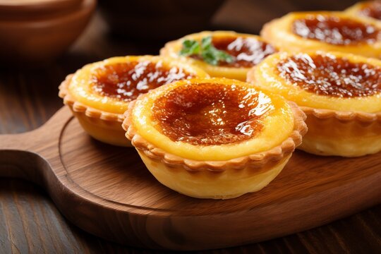 Delicious traditional Portuguese custard tart pastries on a wooden serving board, perfect for a sweet treat or dessert.