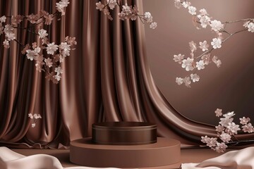 Elegant brown fabric drapery with cherry blossom decorations and round podium. Perfect for product display and romantic settings.
