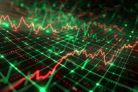 Dynamic stock market data chart showing investment trends with fluctuating lines highlighted in green and red colors.