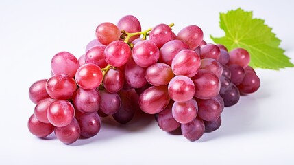 Fototapeta premium Fresh cluster of red grapes with green leaf on white background. Perfect for juice, wine, and healthy snacks. Vivid color and detail.