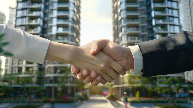 Two people shaking hands celebrating cooperation and success, lady and gentleman, diverse workplace, equality, architects and professionals in front of high-rise condos
