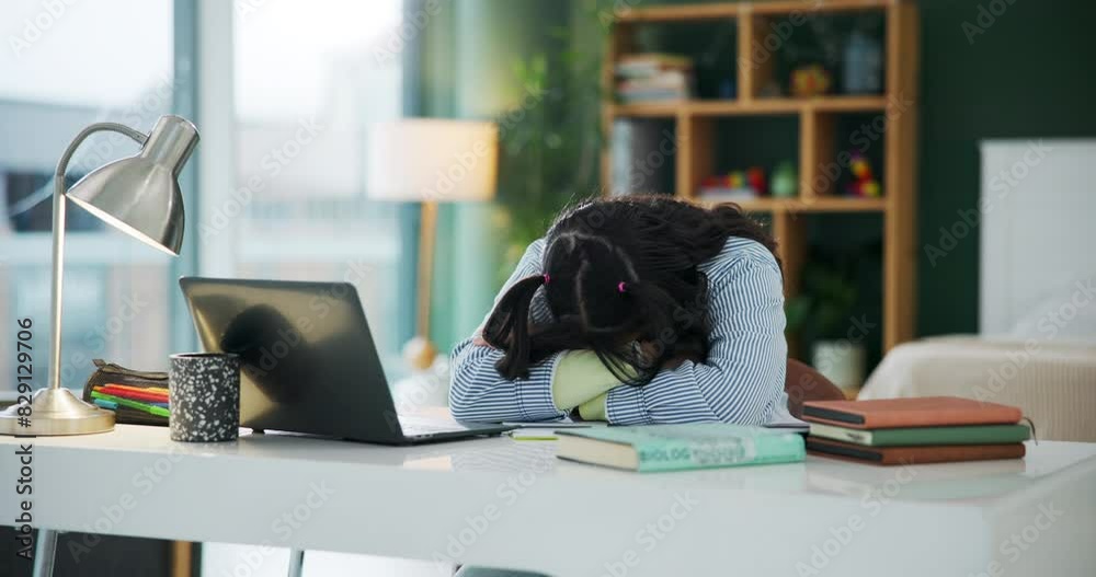 Poster girl, writing and student tired with laptop for studying for important exam or assignment, burnout a