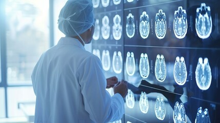 Medical professional reviewing brain scan results. Modern healthcare and diagnosis through advanced imaging technologies. Healthcare industry.