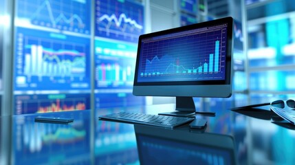 Naklejka premium Business documents and financial charts displayed on a computer monitor, symbolizing analysis and decision-making