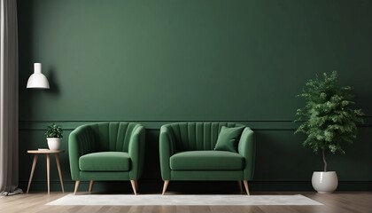 Living room interior green armchair on empty dark green wall background- 3D rendering created with generative ai