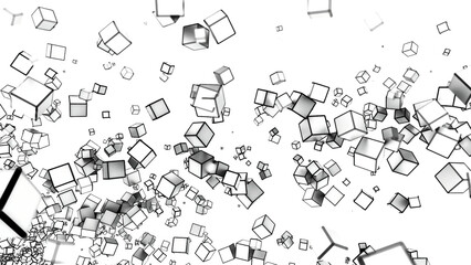 Abstract spreading stream of 3d cubes. Motion. Silhouettes of small flying and rotating cubes.