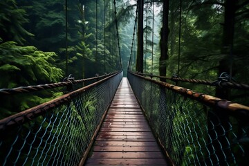 Obraz premium Suspension bridge deep in a dense forest with lush green canopy and wooden planks extending into the misty distance.