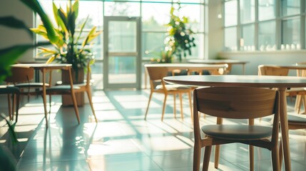 Fototapeta premium Empty office breakroom with tables and chairs, representing relaxation and socialization