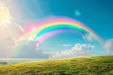 Obraz premium Vibrant rainbow spanning across a clear blue sky over a lush green landscape, with sunlight breaking through fluffy clouds.