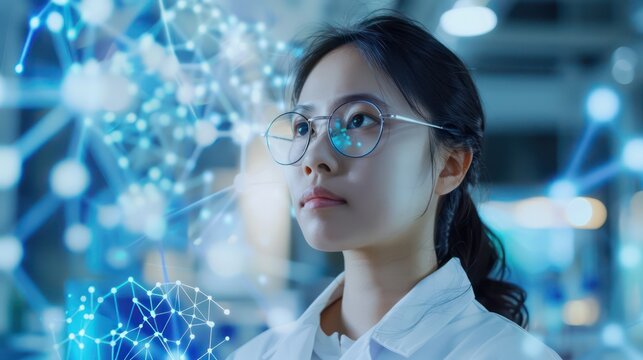 asain woman in lab and global communication network concept. Wide angle visual for banners or advertisements