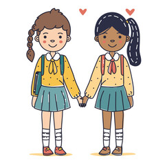 Two young girls holding hands, both wearing school uniforms. Multicultural friendship between students, happy expressions. Schoolgirls yellow sweaters, green skirts, knee socks, school bags