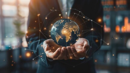 Fototapeta premium Businessman hold global business globe with network connected to digital marketing strategy and creative solution 