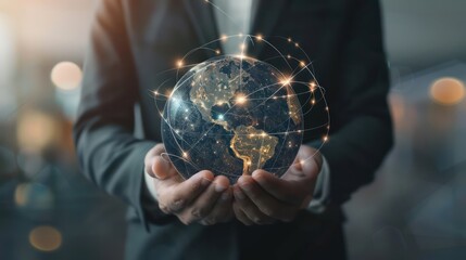 Fototapeta premium Businessman hold global business globe with network connected to digital marketing strategy and creative solution 