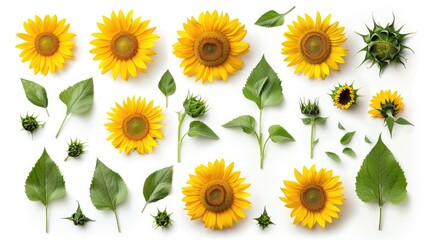 Obraz premium Sunflower Collection with Leaves on White Background Summer Garden Blooms Creative Layout Design Element
