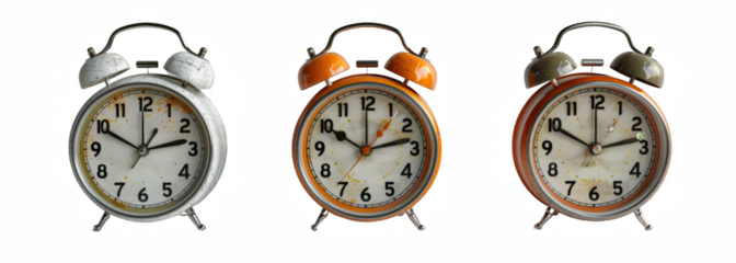A set of three alarm clocks isolated on white background, vintage style, transparent background, png.