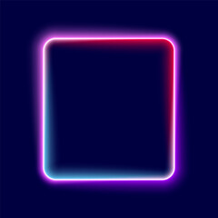 Neon square shape, blue and purple glowing background, vector illustration.