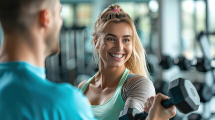 Fototapeta premium Happy athletic woman exercising with dumbbells while fitness instructor is assisting her in health club 