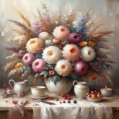 Magnificent oil paint still life with bouquet of different flowers