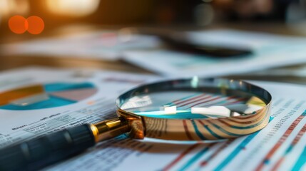 Magnifying glass and documents with analytics data lying on table, selective focus with minimalist background,