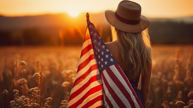 a woman holding american flag at sunset - Powered by Adobe
