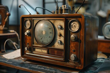 An antique radio is placed on a wooden table