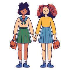 Two young girls holding hands, standing side side, wearing skirts colorful tops. One girl afro hairstyle has green skirt, scout scarf, white socks, blue shoes bag. Another girl hair, yellow