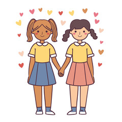 Two cartoon girls holding hands, smiling, surrounded hearts. Young female characters colorful skirts yellow tops. Friendship concept, happy, cheerful, diverse, affection, kids illustration