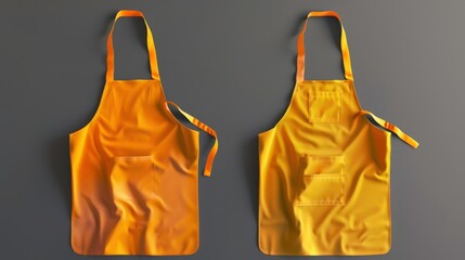 2 Set of yellow orange mustard blank apron restaurant cafe kitchen cook chef uniform, front and flay lay on transparent 