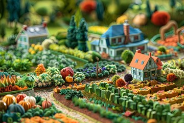 A model representing a garden with a centrally located house in the middle of it