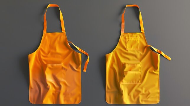 2 Set of yellow orange mustard blank apron restaurant cafe kitchen cook chef uniform, front and flay lay on transparent 