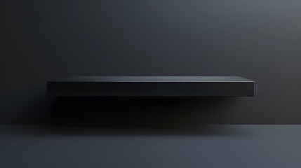 Black podium or pedestal display on dark background with long platform. Blank product shelf standing backdrop. 3D rendering. 