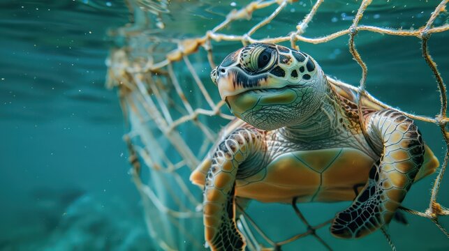 unterwater photo of a turtle trapped inside a fishernet with minimalist background