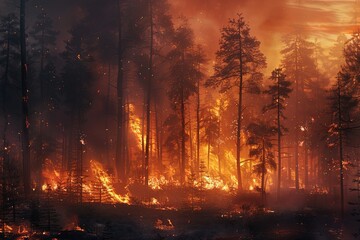 A forest filled with intense fire engulfing numerous trees