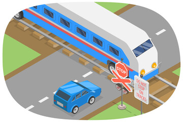Naklejka premium 3D Isometric Flat Illustration of Railroad Crossing, Safe Driving